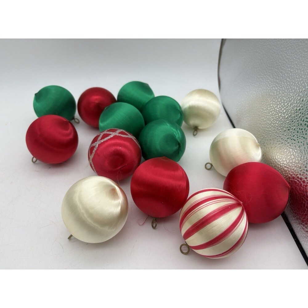 14 Satin Wrapped Christmas Ball Ornaments Red Green Ivory Stripe Glitter MCM
